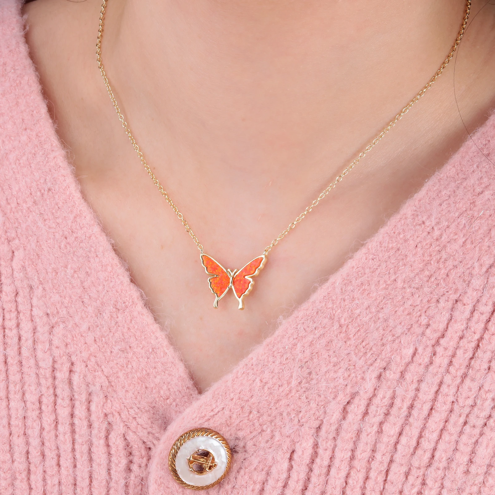 CiNily Delicate Butterfly Shaped Chain Necklace for Women with Created Multicolor Opal Silver Plated Necklace for Birthday Gifts
