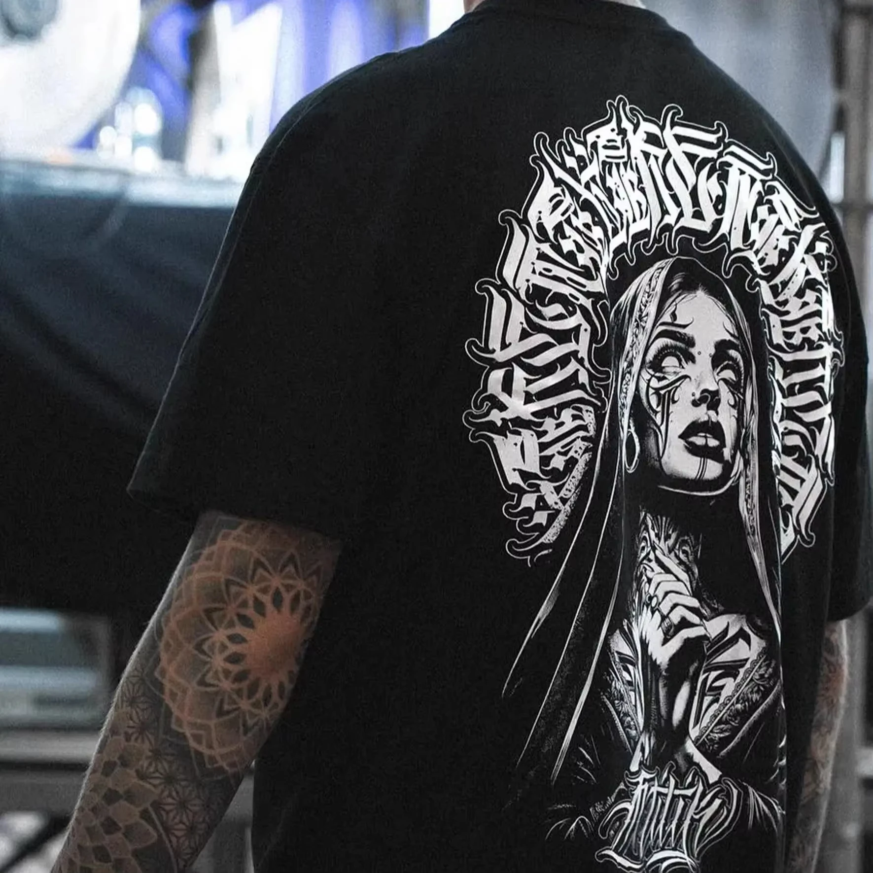 Chicano Religious Goddess Unisex Oversized T-Shirt, Dark Gothic Script Graphic Tee, Streetwear Cotton Top For Men Women