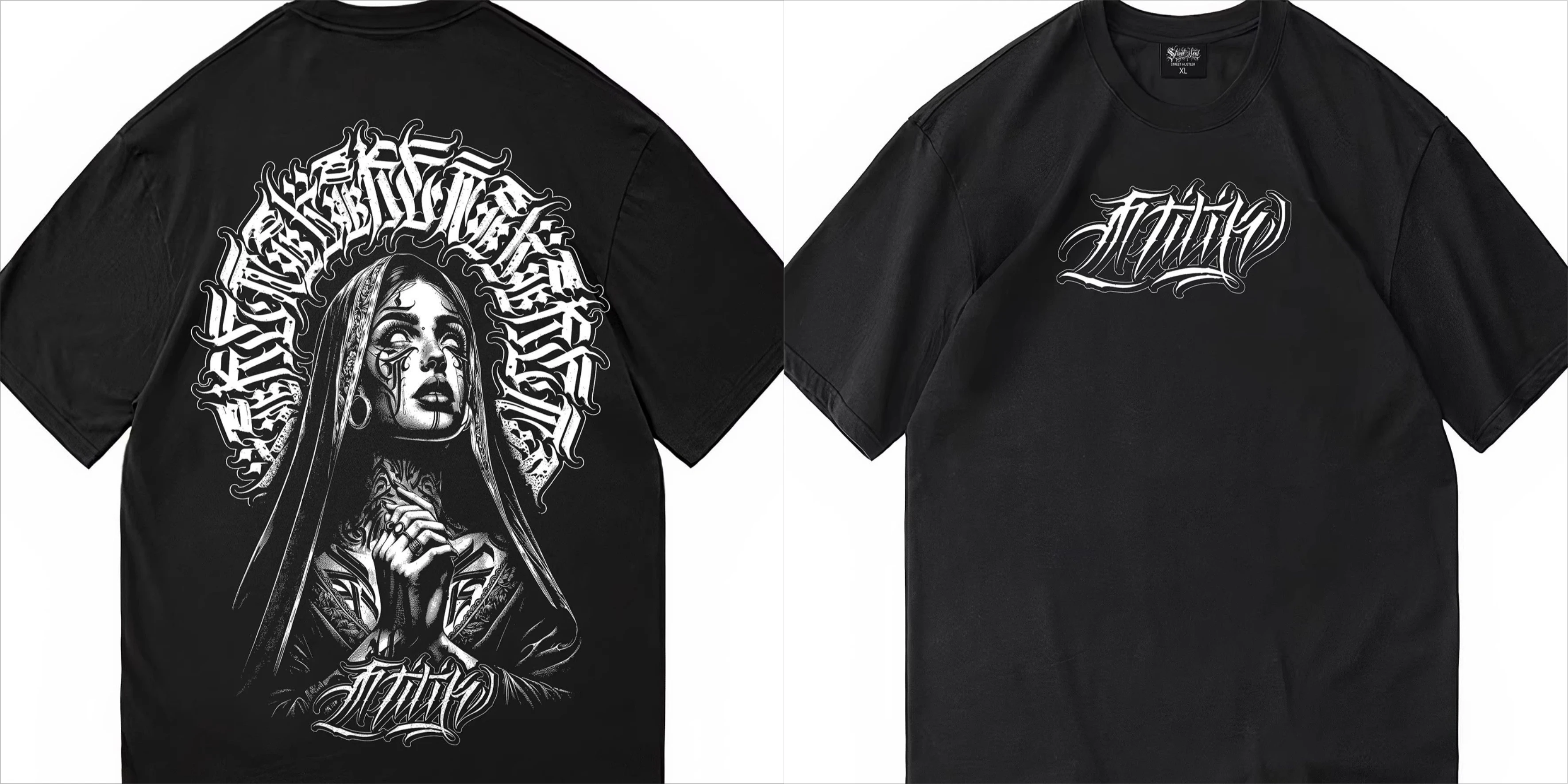 Chicano Religious Goddess Unisex Oversized T-Shirt, Dark Gothic Script Graphic Tee, Streetwear Cotton Top For Men Women