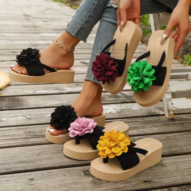 Summer Round Toe Lightweight Sexy Comfortable Casual Slippers for Women Fashion New Thick-soled Flower Elegant Heeled Slippers