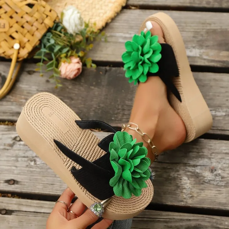 Summer Round Toe Lightweight Sexy Comfortable Casual Slippers for Women Fashion New Thick-soled Flower Elegant Heeled Slippers