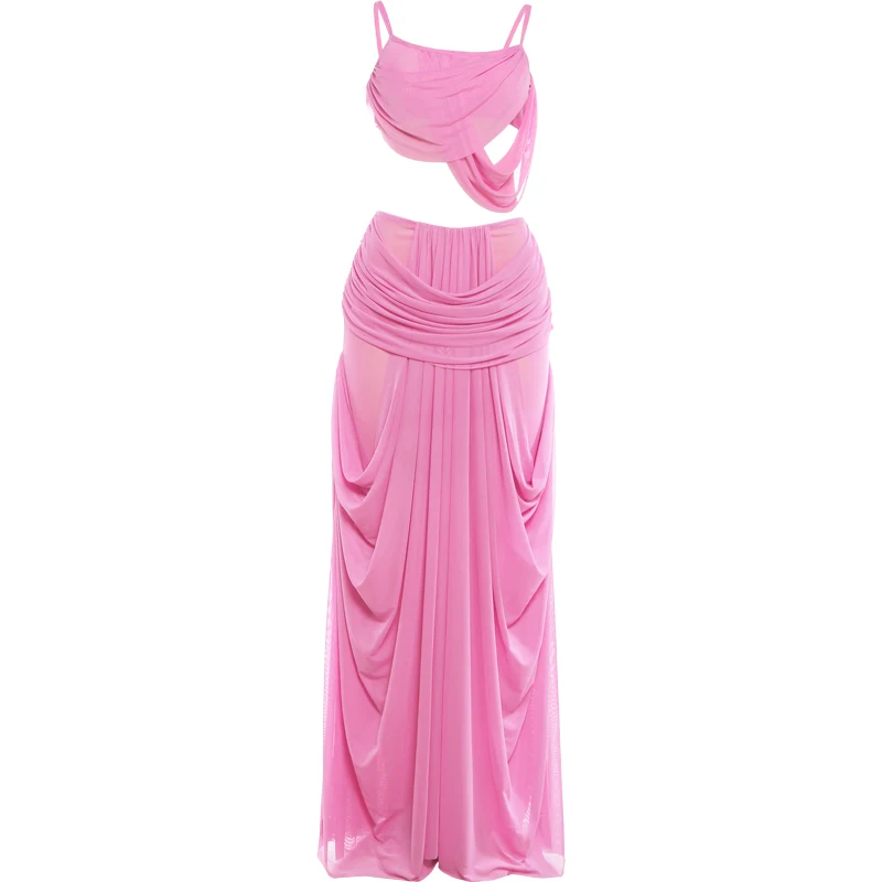 Nibber Sweet Ruched 2 Piece Set Woman Low-Neck Backless Camisole Tops+Elastic Waist Long Skirts Midnight Elegant Party Outfits