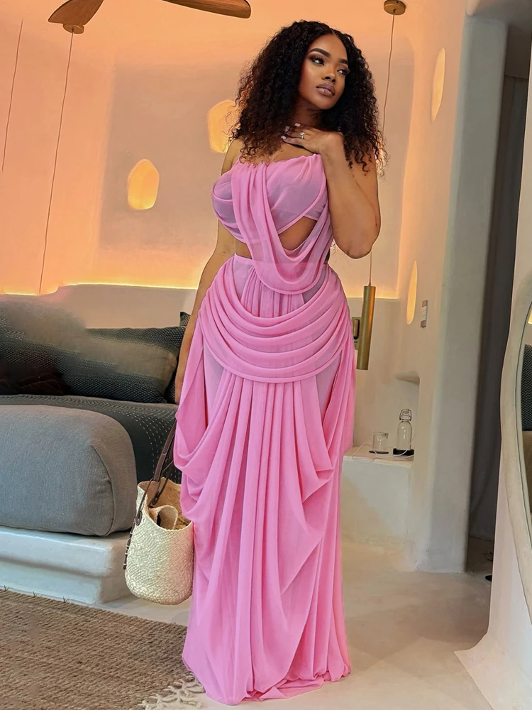 Nibber Sweet Ruched 2 Piece Set Woman Low-Neck Backless Camisole Tops+Elastic Waist Long Skirts Midnight Elegant Party Outfits