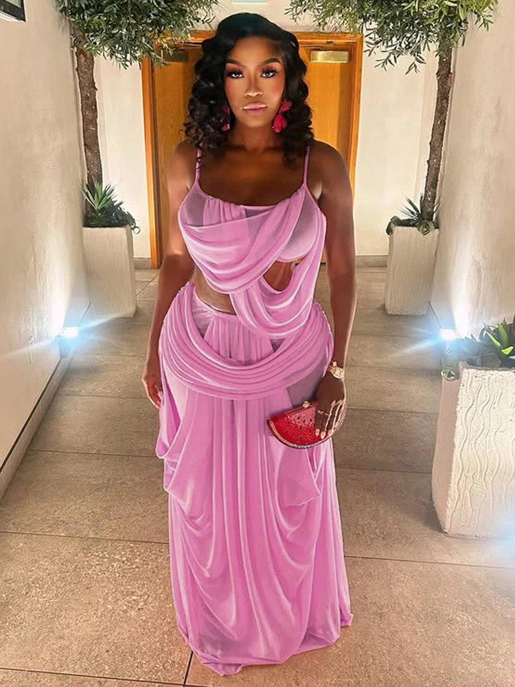 Nibber Sweet Ruched 2 Piece Set Woman Low-Neck Backless Camisole Tops+Elastic Waist Long Skirts Midnight Elegant Party Outfits