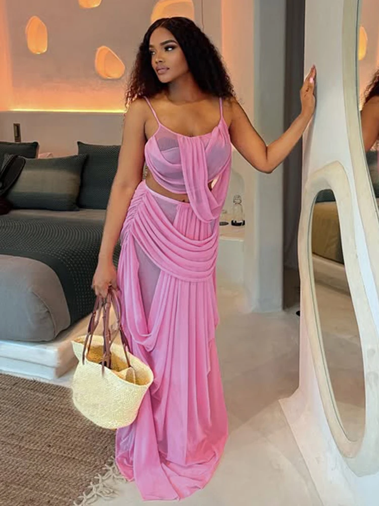 Nibber Sweet Ruched 2 Piece Set Woman Low-Neck Backless Camisole Tops+Elastic Waist Long Skirts Midnight Elegant Party Outfits