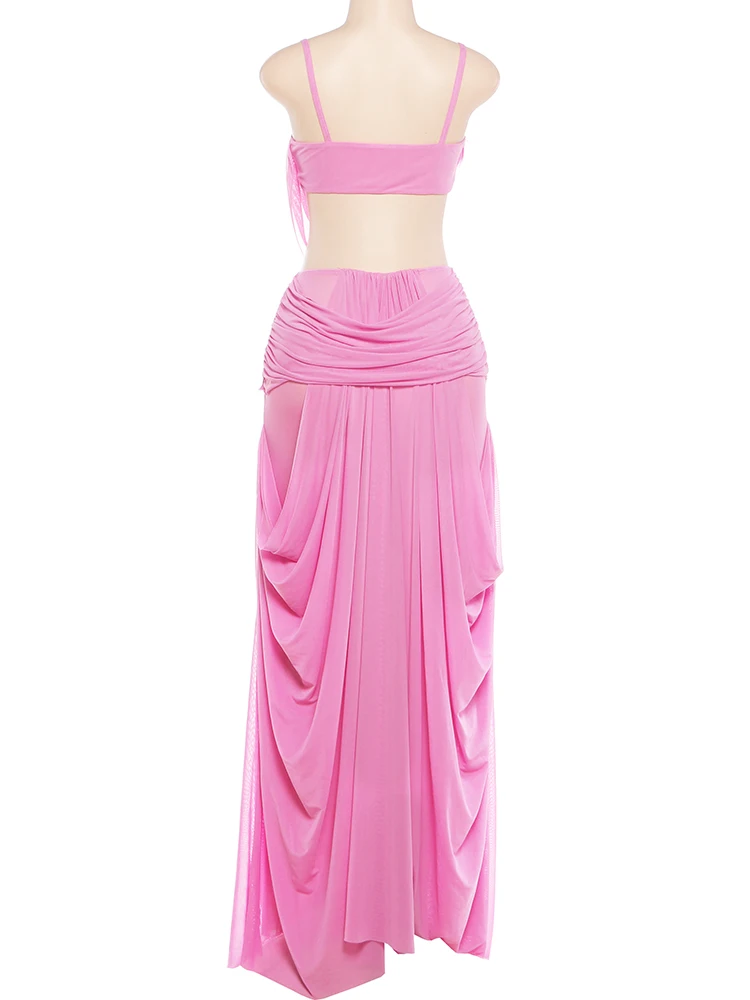 Nibber Sweet Ruched 2 Piece Set Woman Low-Neck Backless Camisole Tops+Elastic Waist Long Skirts Midnight Elegant Party Outfits