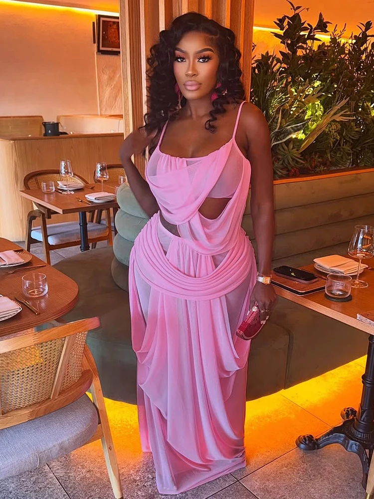Nibber Sweet Ruched 2 Piece Set Woman Low-Neck Backless Camisole Tops+Elastic Waist Long Skirts Midnight Elegant Party Outfits