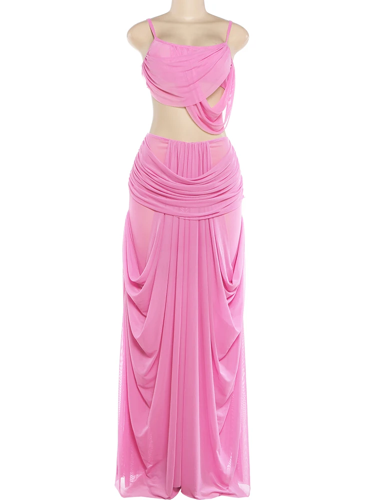 Nibber Sweet Ruched 2 Piece Set Woman Low-Neck Backless Camisole Tops+Elastic Waist Long Skirts Midnight Elegant Party Outfits