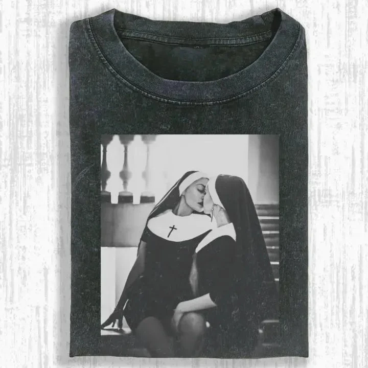 Vintage Washed Nun Shirt, Gothic Religious Aesthetic Tee Summer Men's and Women's Washed T-shirt Top