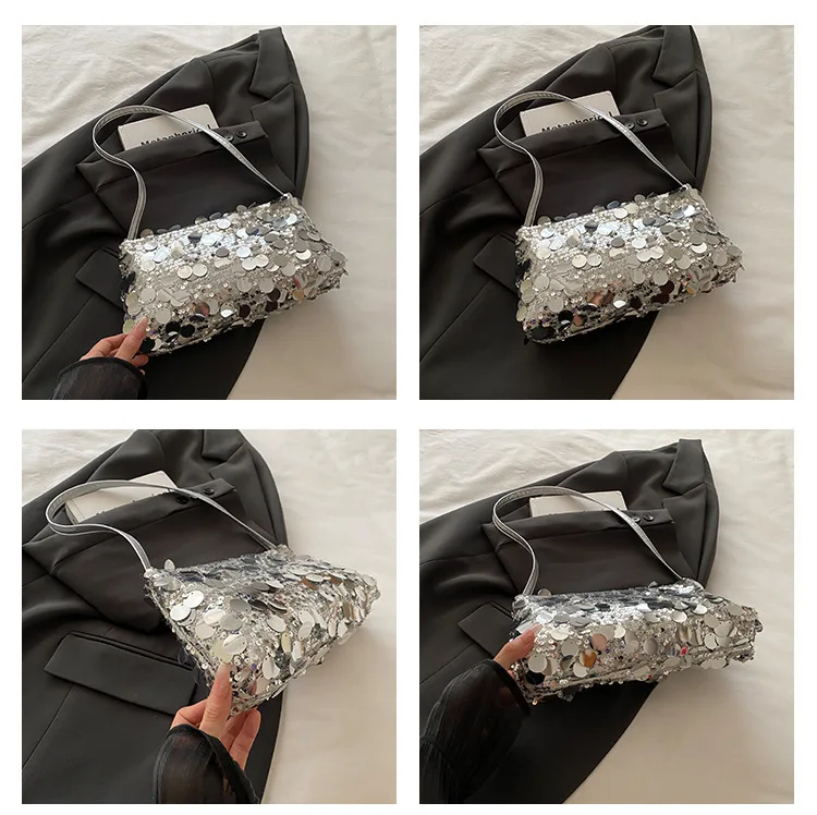 New Sequin Evening Party Shoulder Bags Women Lightweight Portable Ladies Strap Crossbody Bag Solid Color Fashion Female Handbag