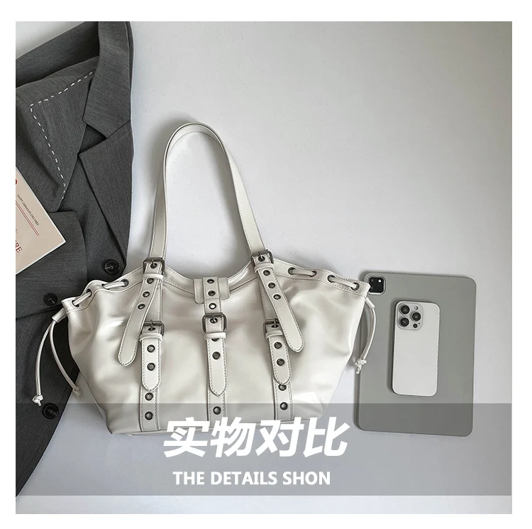 2026 New PU Hobo Tote for Women Y2K Gothic Rivet Adjustable Strap Shoulder Bag Large Capacity Drawstring Handbag for Daily Use