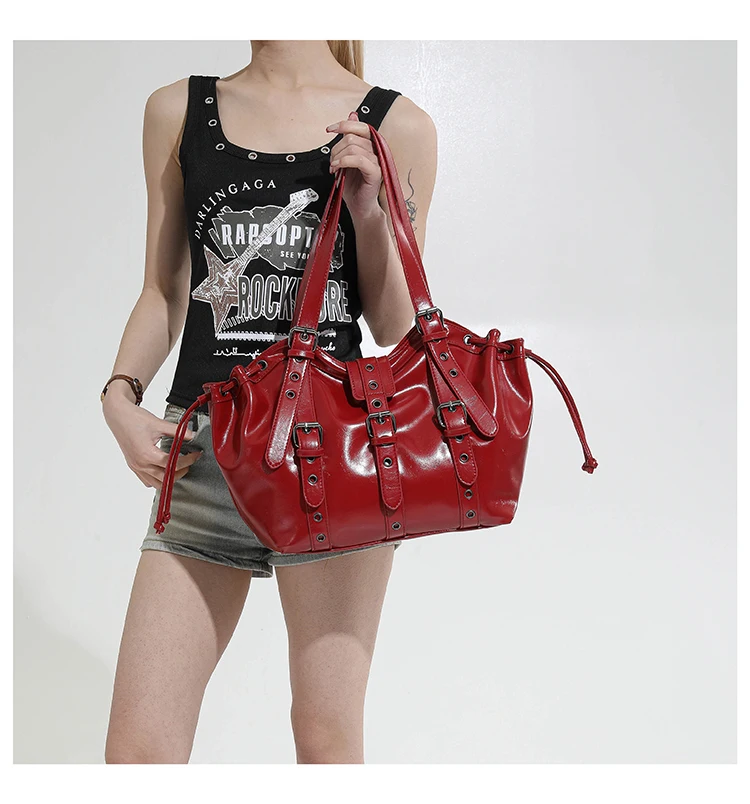 2026 New PU Hobo Tote for Women Y2K Gothic Rivet Adjustable Strap Shoulder Bag Large Capacity Drawstring Handbag for Daily Use