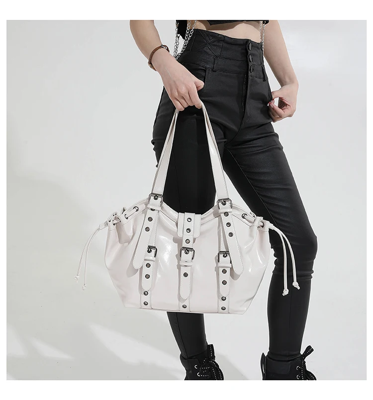 2026 New PU Hobo Tote for Women Y2K Gothic Rivet Adjustable Strap Shoulder Bag Large Capacity Drawstring Handbag for Daily Use