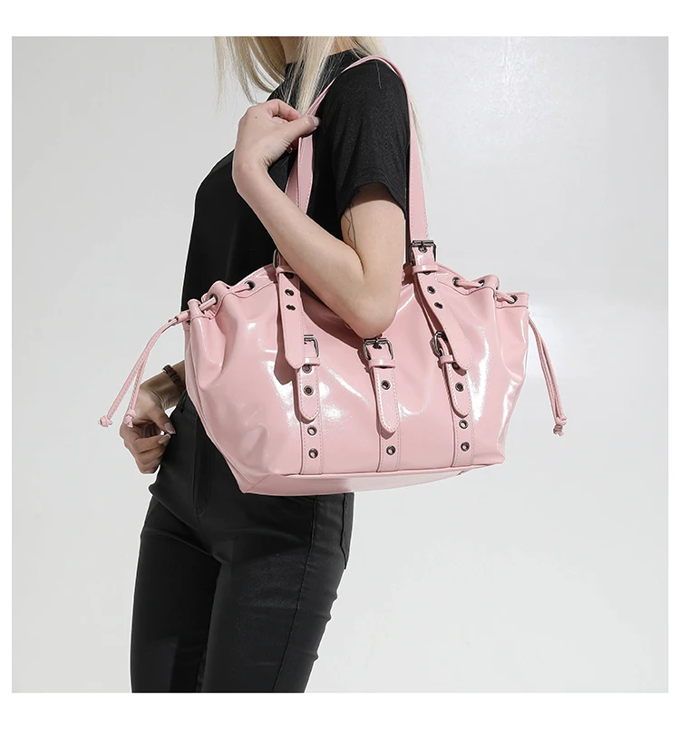 2026 New PU Hobo Tote for Women Y2K Gothic Rivet Adjustable Strap Shoulder Bag Large Capacity Drawstring Handbag for Daily Use