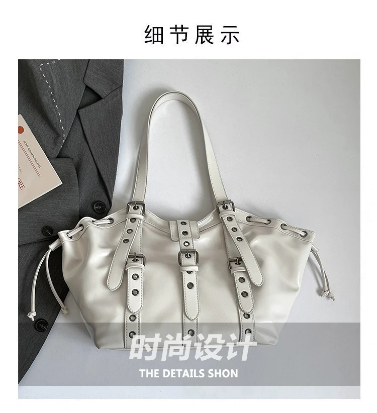 2026 New PU Hobo Tote for Women Y2K Gothic Rivet Adjustable Strap Shoulder Bag Large Capacity Drawstring Handbag for Daily Use