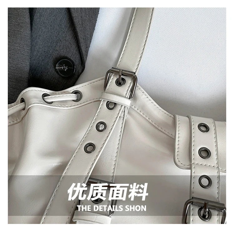 2026 New PU Hobo Tote for Women Y2K Gothic Rivet Adjustable Strap Shoulder Bag Large Capacity Drawstring Handbag for Daily Use
