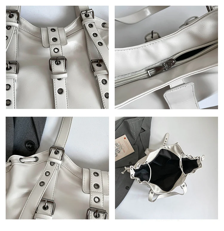 2026 New PU Hobo Tote for Women Y2K Gothic Rivet Adjustable Strap Shoulder Bag Large Capacity Drawstring Handbag for Daily Use