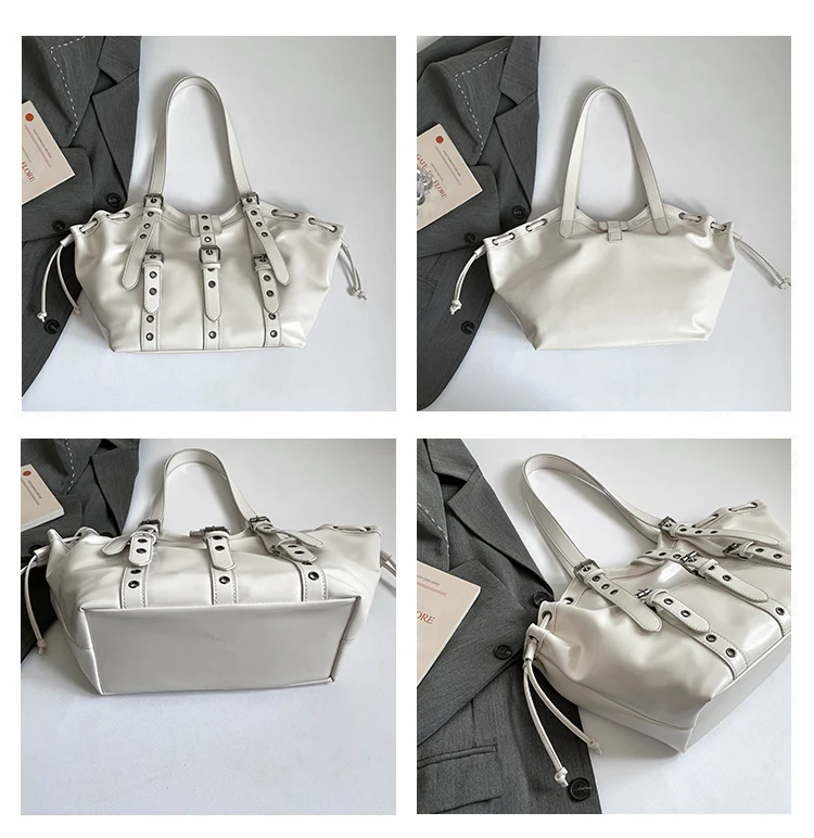 2026 New PU Hobo Tote for Women Y2K Gothic Rivet Adjustable Strap Shoulder Bag Large Capacity Drawstring Handbag for Daily Use