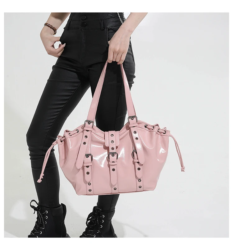 2026 New PU Hobo Tote for Women Y2K Gothic Rivet Adjustable Strap Shoulder Bag Large Capacity Drawstring Handbag for Daily Use
