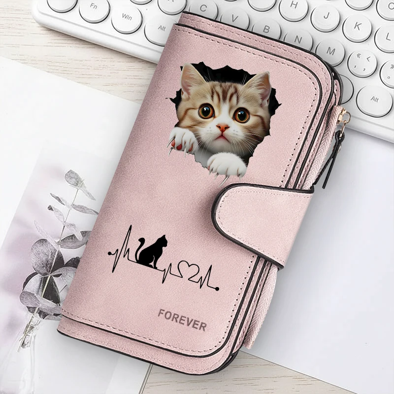 2D Cute Cat Heart-Shaped Women Long Zipper Wallet Buckle Handbags Coin Purse Soft PU Multi-Card Holder Large Capacity Bag