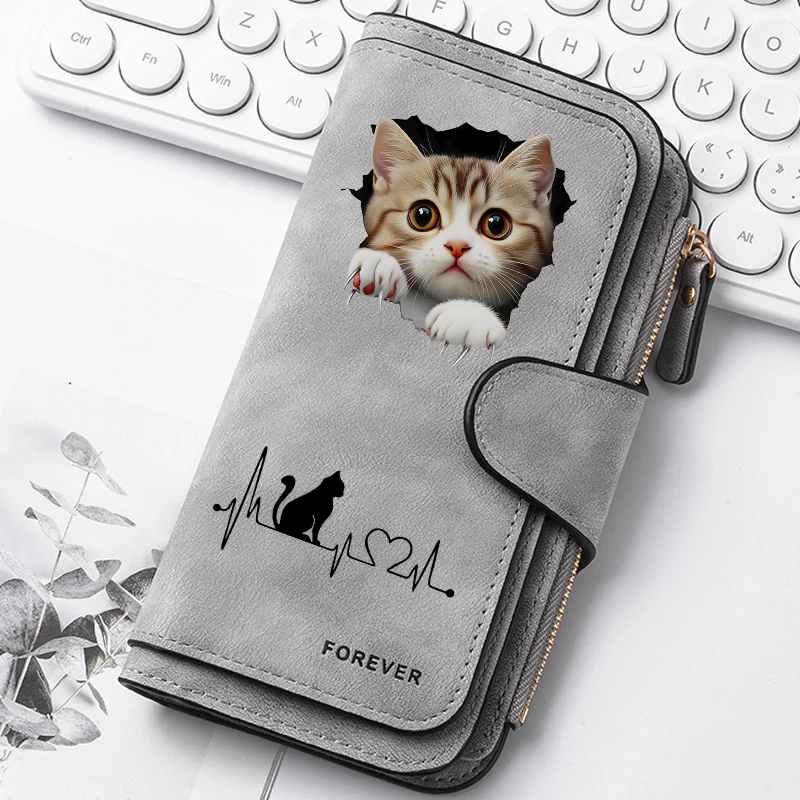 2D Cute Cat Heart-Shaped Women Long Zipper Wallet Buckle Handbags Coin Purse Soft PU Multi-Card Holder Large Capacity Bag
