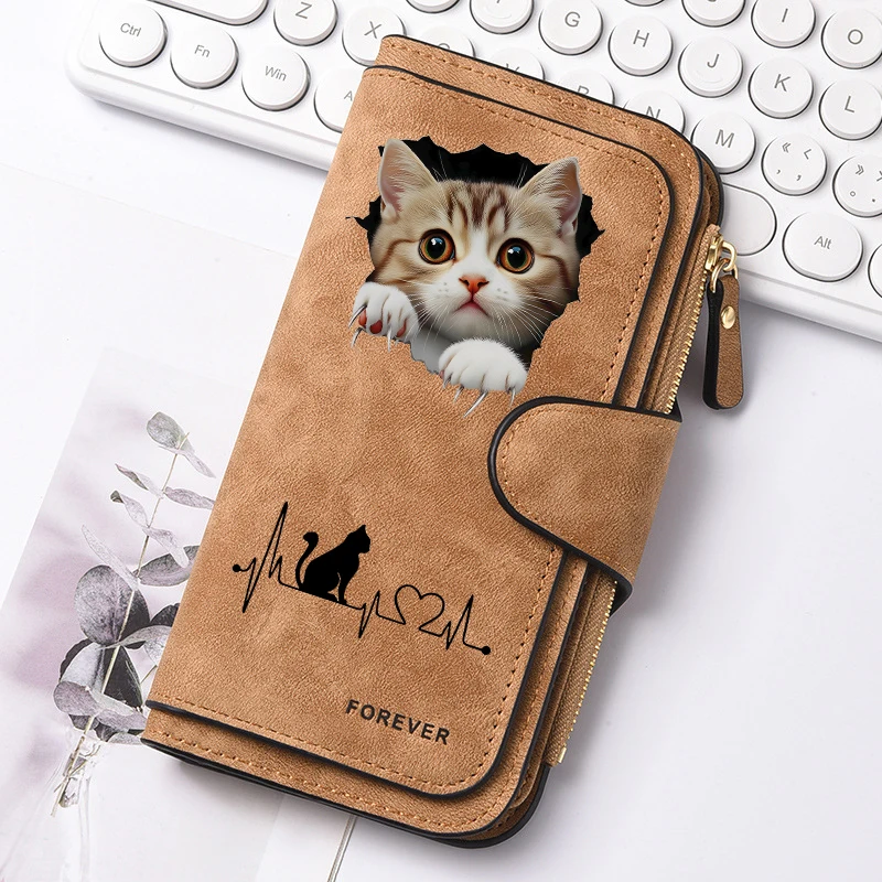2D Cute Cat Heart-Shaped Women Long Zipper Wallet Buckle Handbags Coin Purse Soft PU Multi-Card Holder Large Capacity Bag