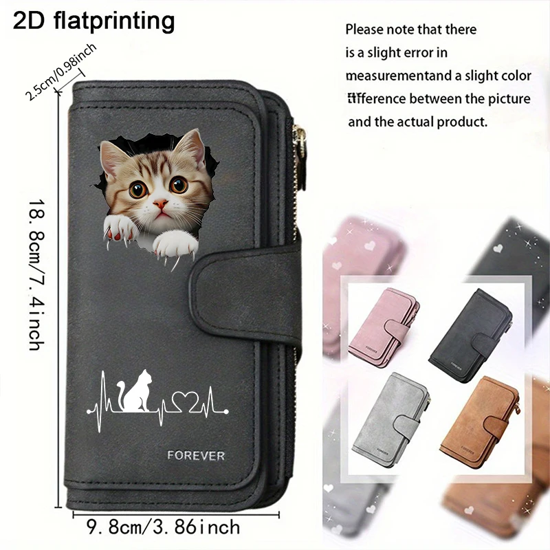 2D Cute Cat Heart-Shaped Women Long Zipper Wallet Buckle Handbags Coin Purse Soft PU Multi-Card Holder Large Capacity Bag