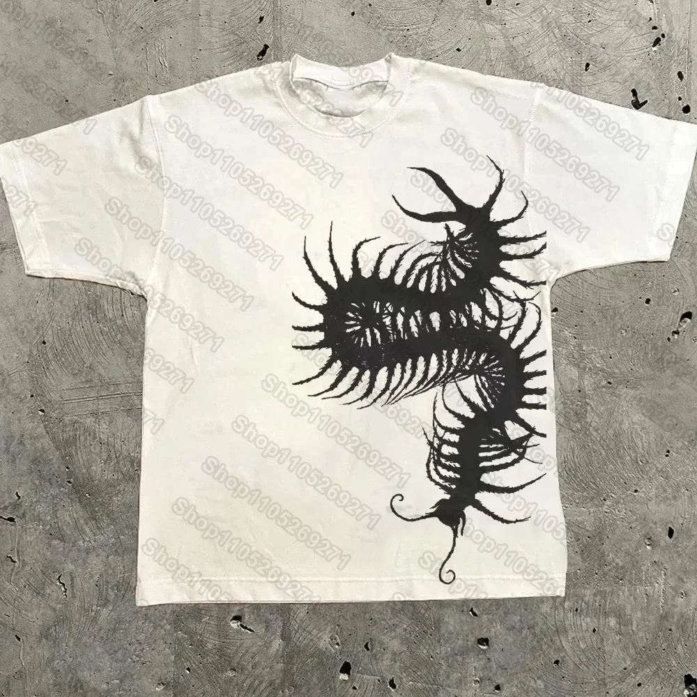 Summer 2000s Short-sleeved Printed T-Shirt Gothic Y2k Black Centipede/insect Tee Retro Street Casual Fashion Tops Clothing