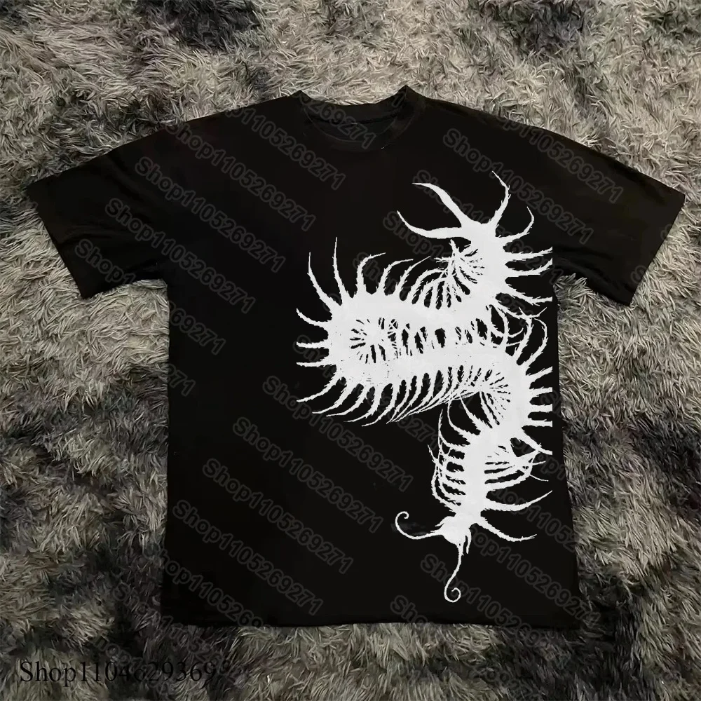 Summer 2000s Short-sleeved Printed T-Shirt Gothic Y2k Black Centipede/insect Tee Retro Street Casual Fashion Tops Clothing