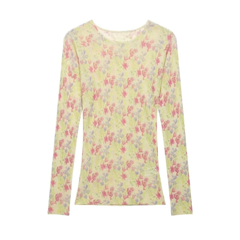 Women's Spring Y2K Retro Crew Neck Sheer Mesh Knit Floral Print Slim Long Sleeve Top, Streetwear, Ideal for Jeans and Daily