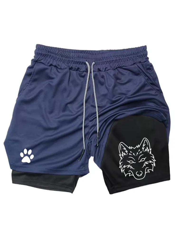 Men's Cool Wolf Graphic 2-in-1 Shorts, Quick Dry Double Layer Athletic Gym Training Workout Streetwear Shorts WX071