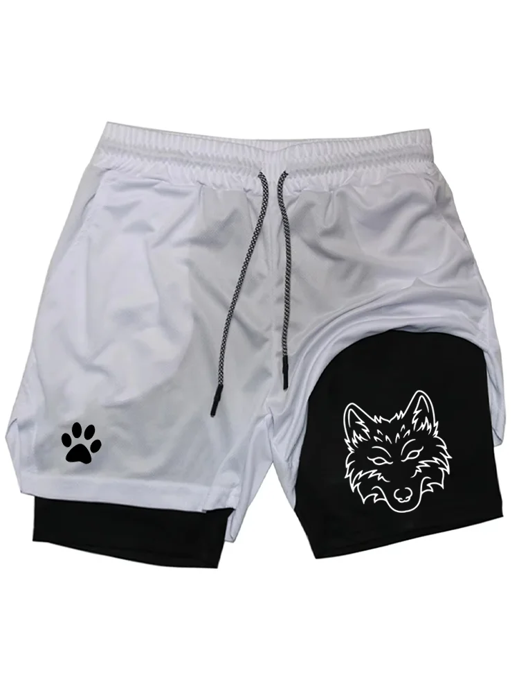 Men's Cool Wolf Graphic 2-in-1 Shorts, Quick Dry Double Layer Athletic Gym Training Workout Streetwear Shorts WX071