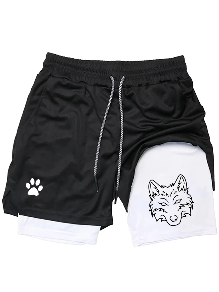 Men's Cool Wolf Graphic 2-in-1 Shorts, Quick Dry Double Layer Athletic Gym Training Workout Streetwear Shorts WX071