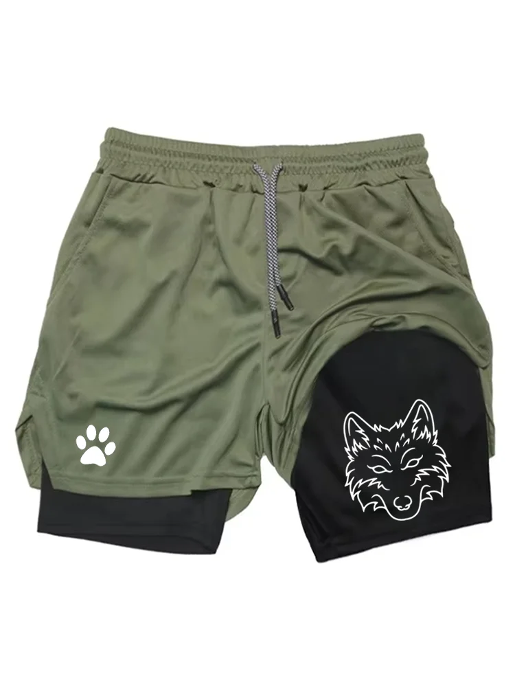 Men's Cool Wolf Graphic 2-in-1 Shorts, Quick Dry Double Layer Athletic Gym Training Workout Streetwear Shorts WX071