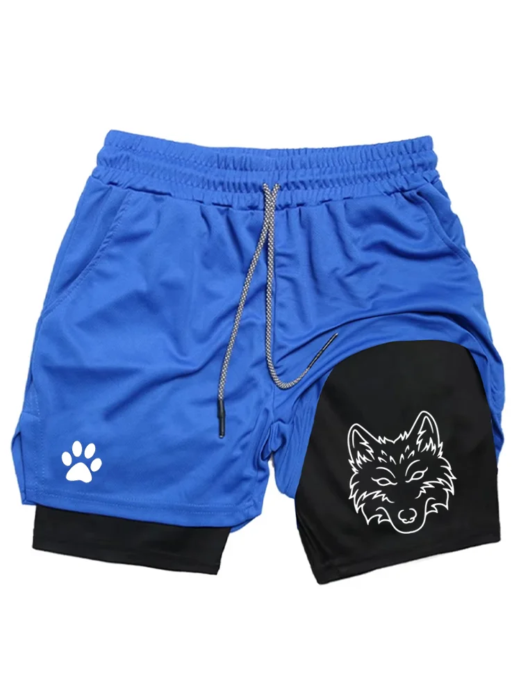 Men's Cool Wolf Graphic 2-in-1 Shorts, Quick Dry Double Layer Athletic Gym Training Workout Streetwear Shorts WX071