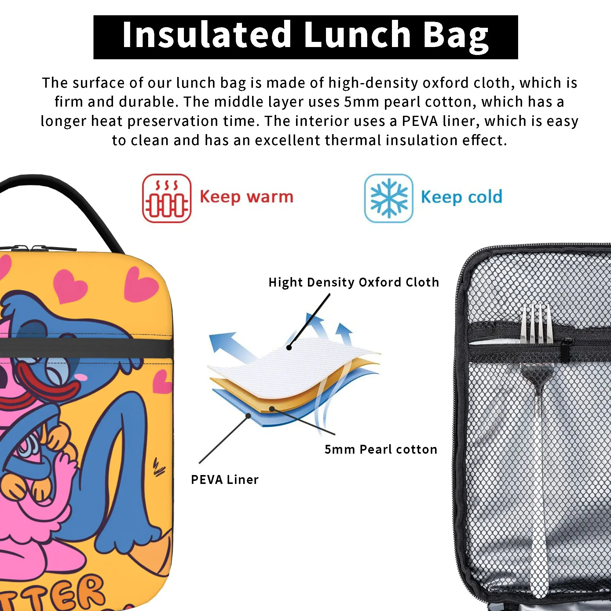 Horror Gamer-H-Huggyed Wuggyeds Lunch Bag For Child  Custom Travel Lunch Box Aesthetic Portable Insulated Oxford Cooler Bag