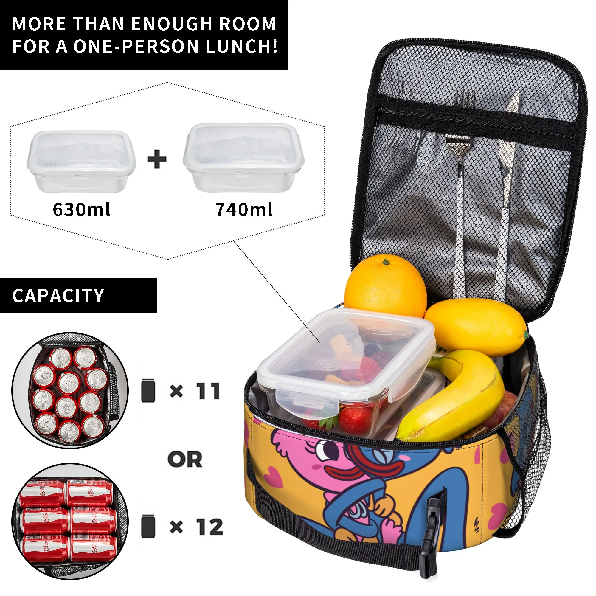 Horror Gamer-H-Huggyed Wuggyeds Lunch Bag For Child  Custom Travel Lunch Box Aesthetic Portable Insulated Oxford Cooler Bag