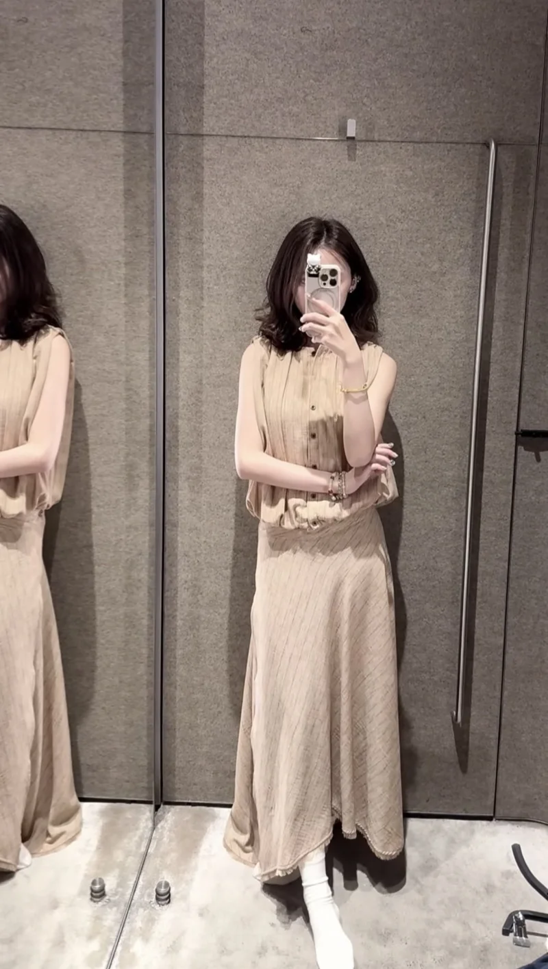 ETJ 2026 Boho Chic 2 Piece Skirt Set Women Sleeveless Button Down Top Irregular Hem Long Skirt Vacation Wear