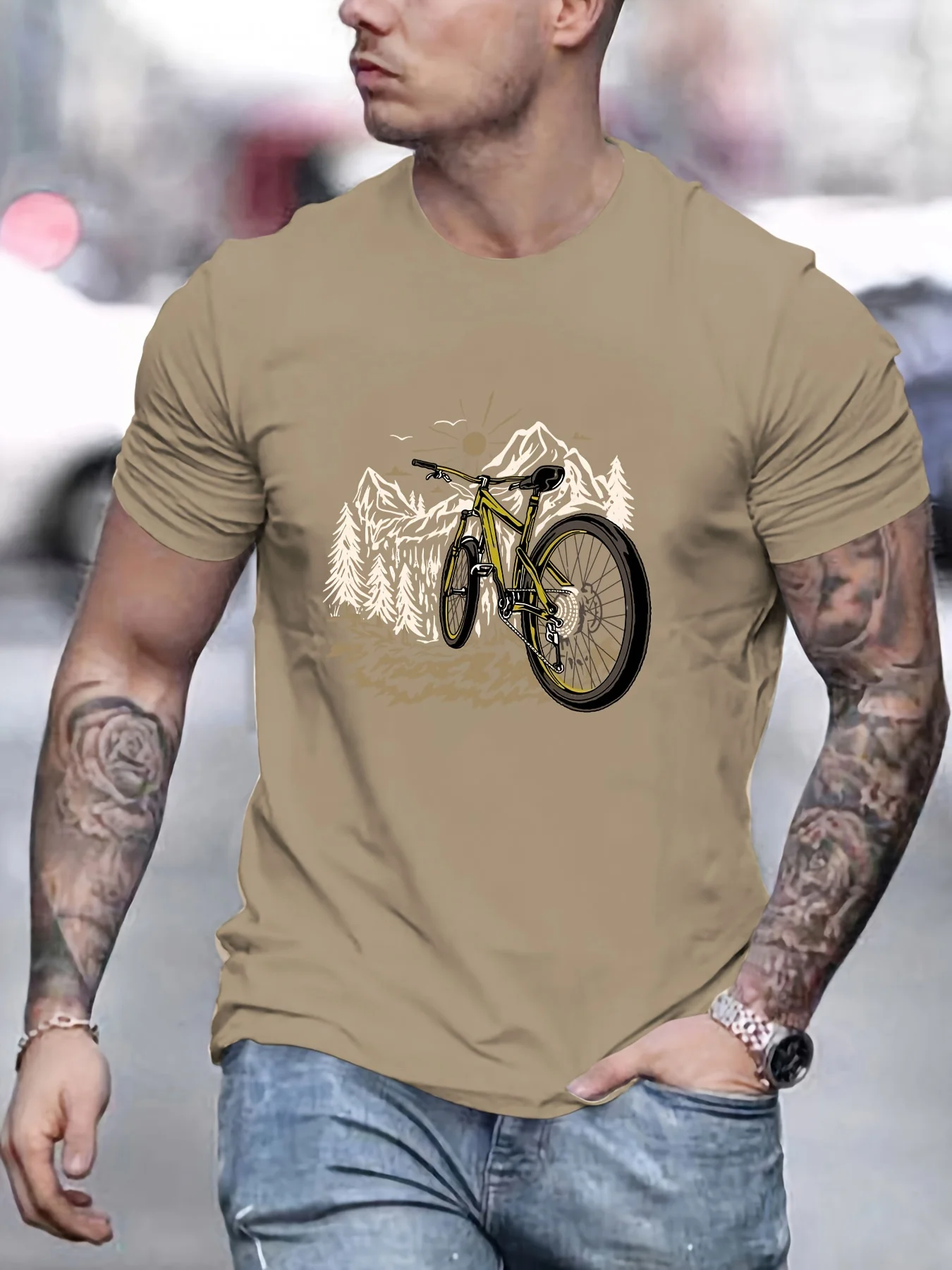 Men's Summer 100% Pure Cotton Fashionable Casual Loose Mountain Bike Pattern Printed Sports Round Neck Short Sleeved T-Shirt