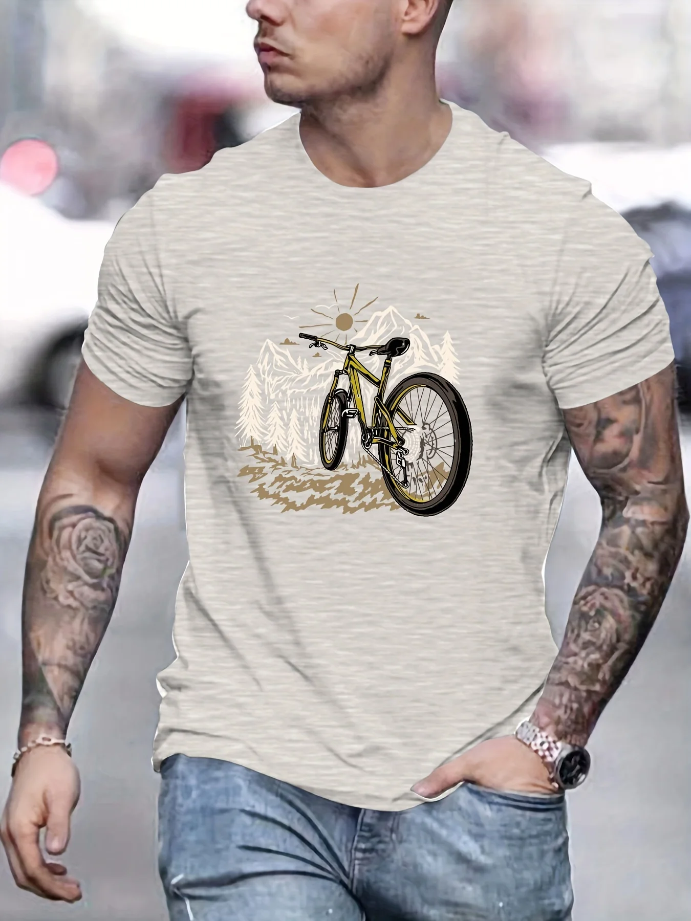 Men's Summer 100% Pure Cotton Fashionable Casual Loose Mountain Bike Pattern Printed Sports Round Neck Short Sleeved T-Shirt