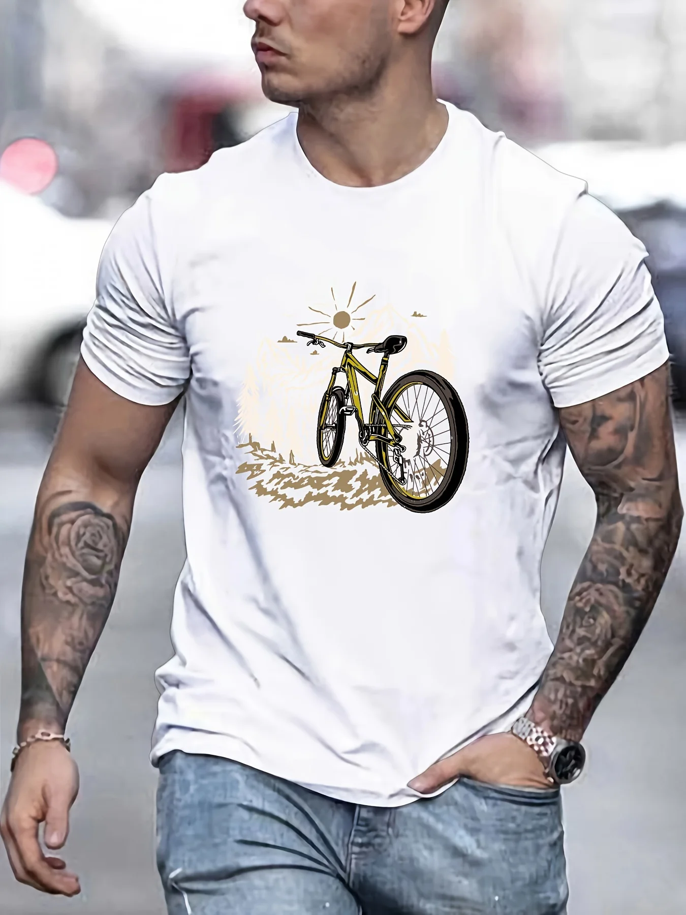 Men's Summer 100% Pure Cotton Fashionable Casual Loose Mountain Bike Pattern Printed Sports Round Neck Short Sleeved T-Shirt