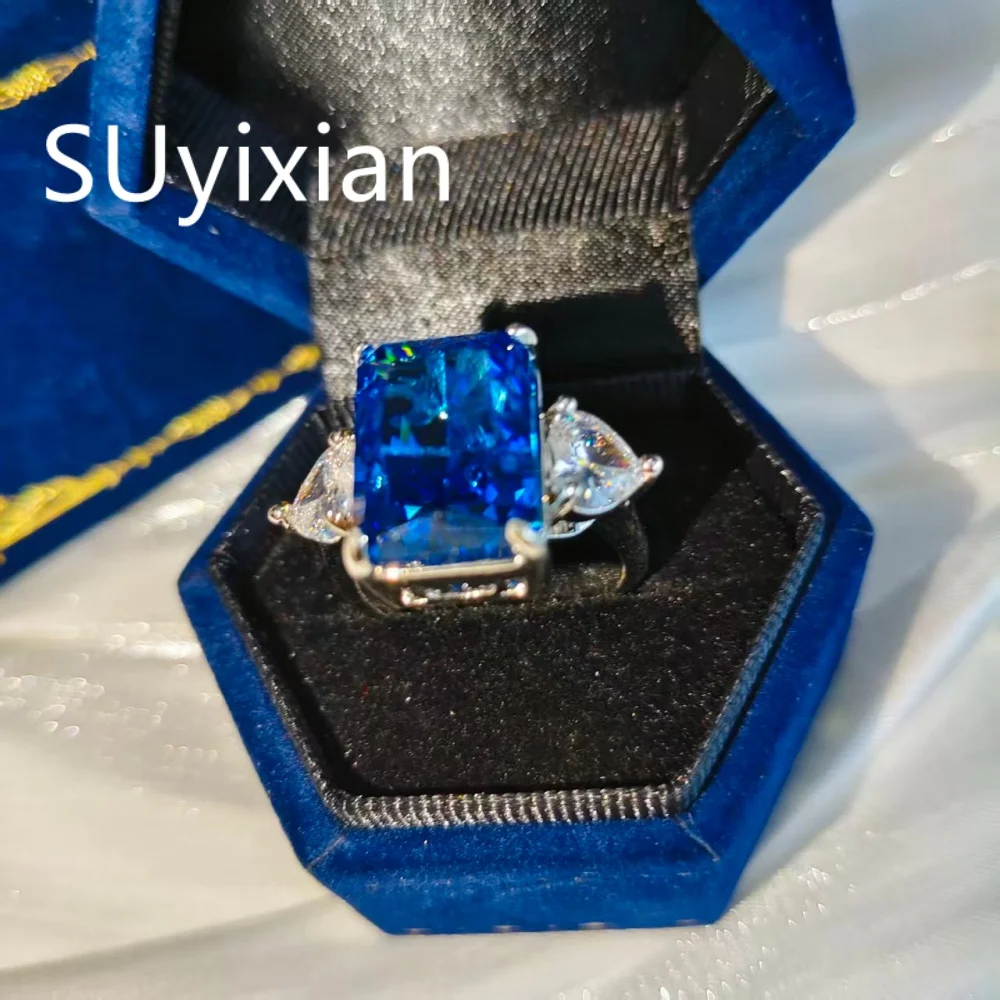 925 Sterling Silver Shiny Colored Ice Flower Cut Zircon Large Carat Ring for Ladies Gorgeous Elegance Fashion