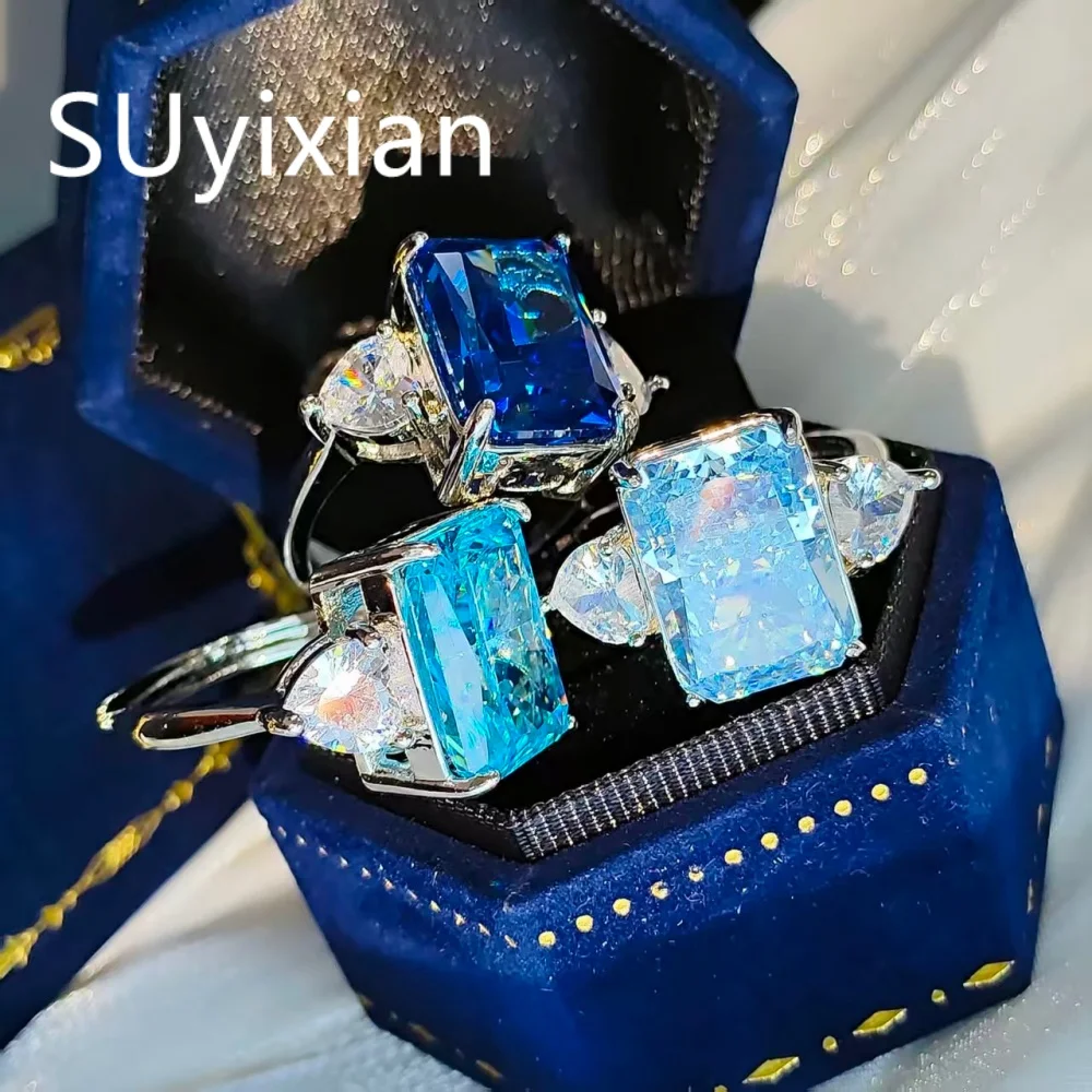 925 Sterling Silver Shiny Colored Ice Flower Cut Zircon Large Carat Ring for Ladies Gorgeous Elegance Fashion