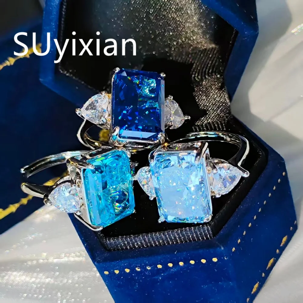 925 Sterling Silver Shiny Colored Ice Flower Cut Zircon Large Carat Ring for Ladies Gorgeous Elegance Fashion