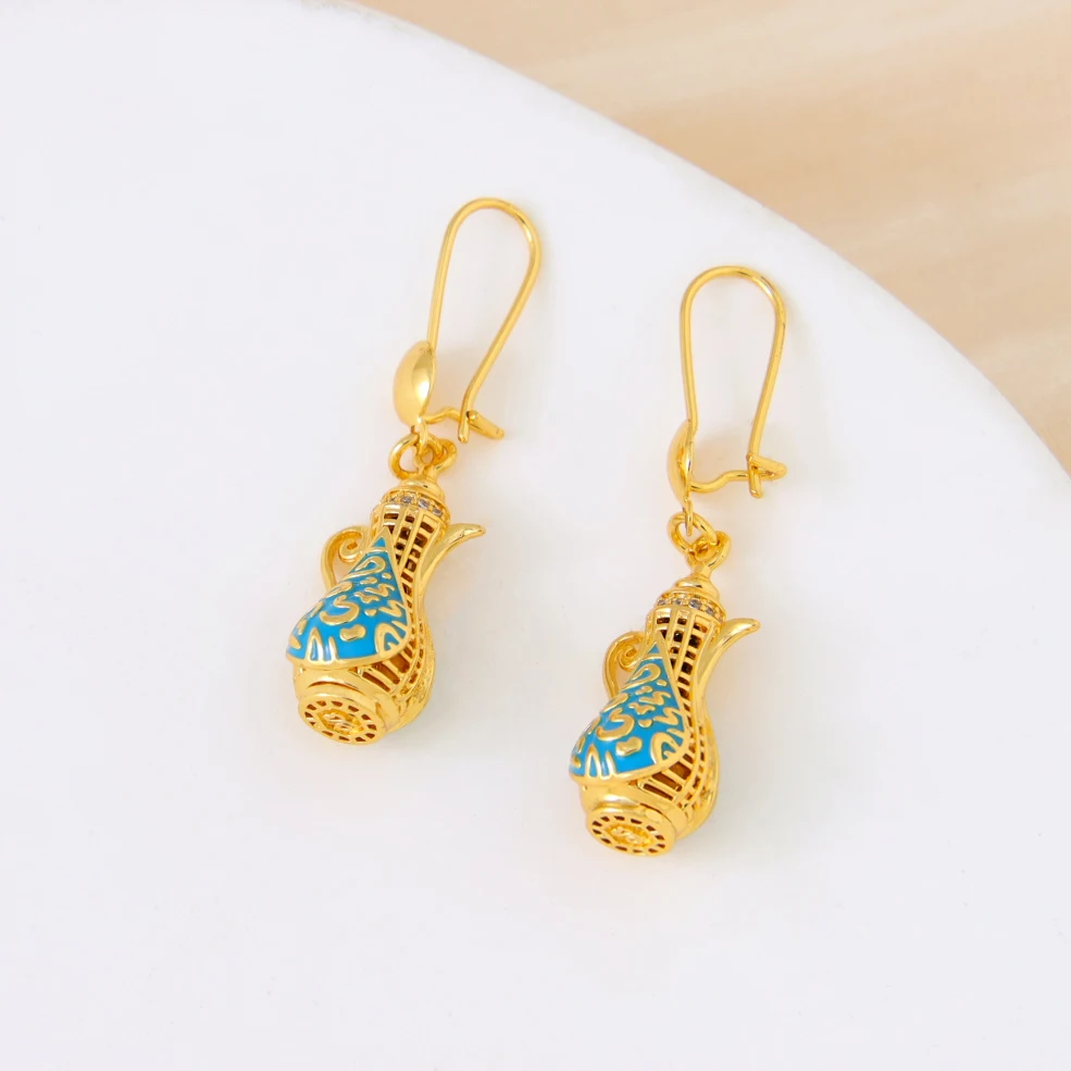Dubai Fashion Inspired Drop Earrings 21k Gold Plated Enamel Teapot Dangles Earring Arabic Muslim Women Vintage Party Jewelry