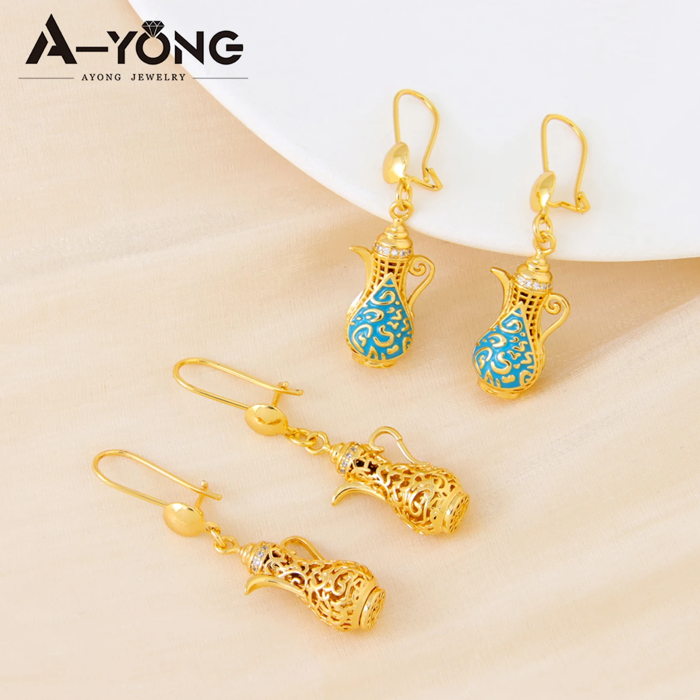 Dubai Fashion Inspired Drop Earrings 21k Gold Plated Enamel Teapot Dangles Earring Arabic Muslim Women Vintage Party Jewelry