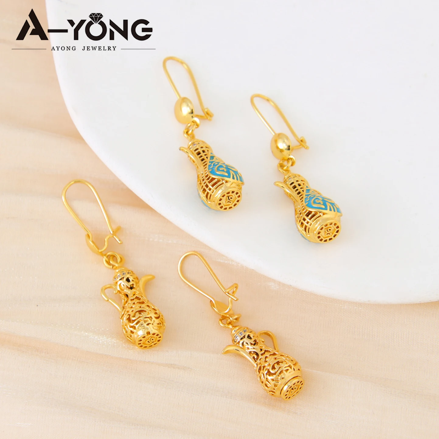 Dubai Fashion Inspired Drop Earrings 21k Gold Plated Enamel Teapot Dangles Earring Arabic Muslim Women Vintage Party Jewelry