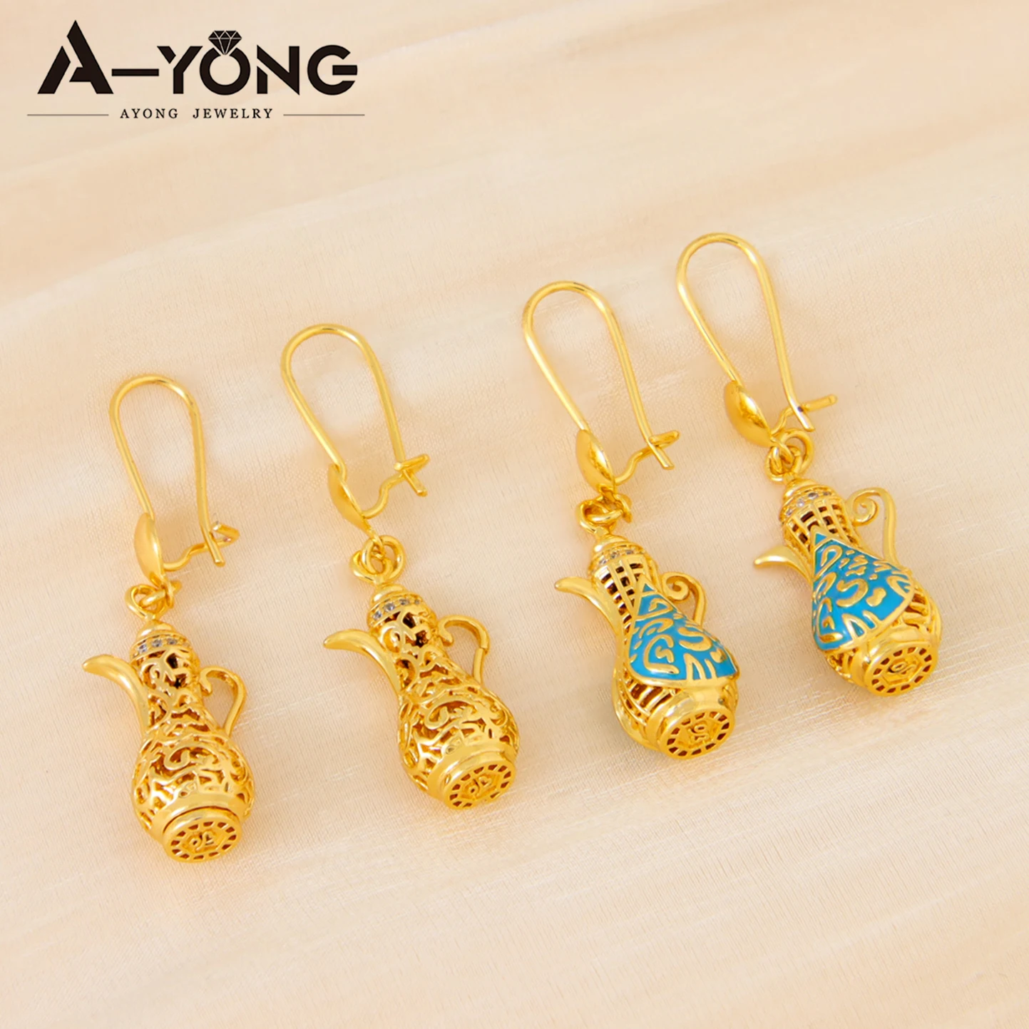Dubai Fashion Inspired Drop Earrings 21k Gold Plated Enamel Teapot Dangles Earring Arabic Muslim Women Vintage Party Jewelry