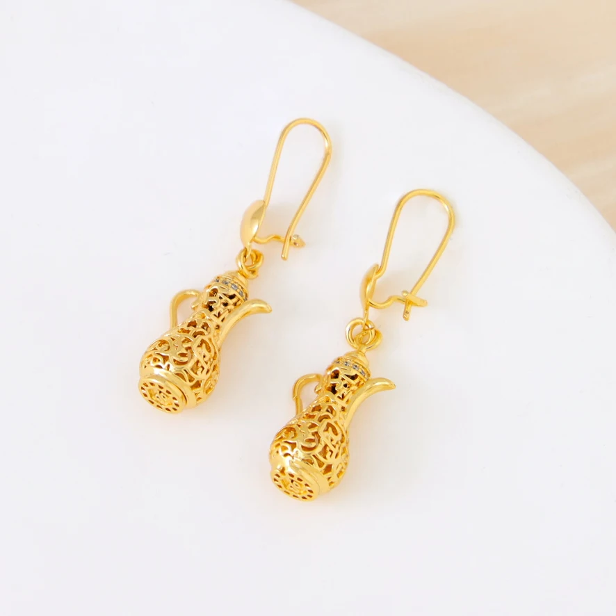 Dubai Fashion Inspired Drop Earrings 21k Gold Plated Enamel Teapot Dangles Earring Arabic Muslim Women Vintage Party Jewelry