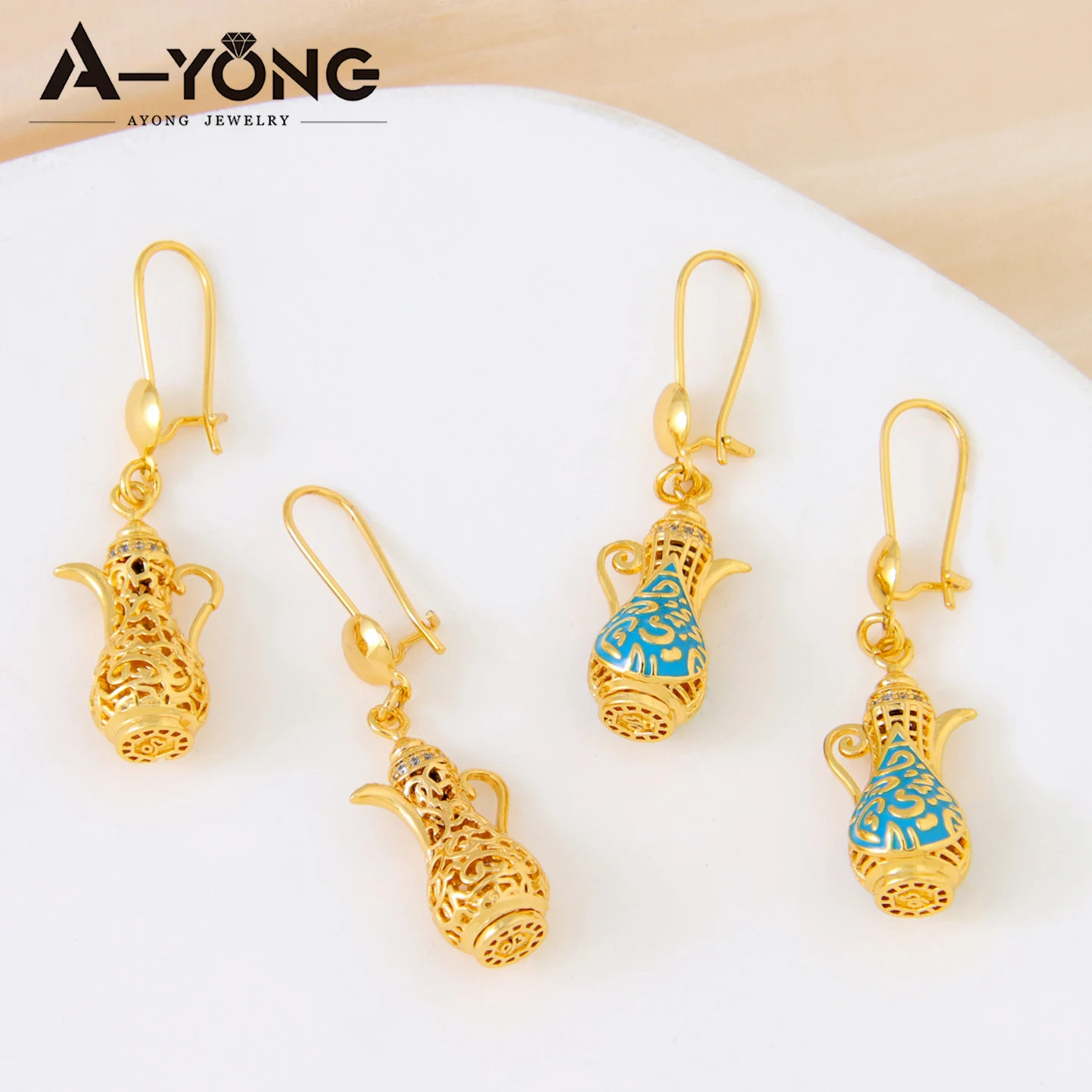 Dubai Fashion Inspired Drop Earrings 21k Gold Plated Enamel Teapot Dangles Earring Arabic Muslim Women Vintage Party Jewelry